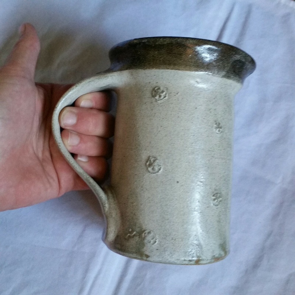 Handcrafted Pottery Pitcher Spouted Cup Gray Florets Minimal Neutral Signed